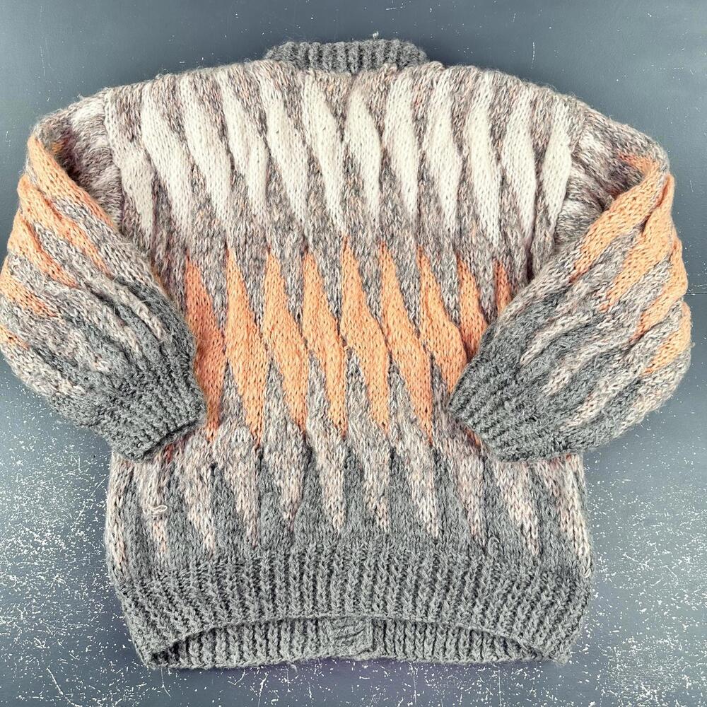 VTG 100% Mohair Cardigan Sweater Orange Gray White Button Front Handmade Chunky - Picture 9 of 10